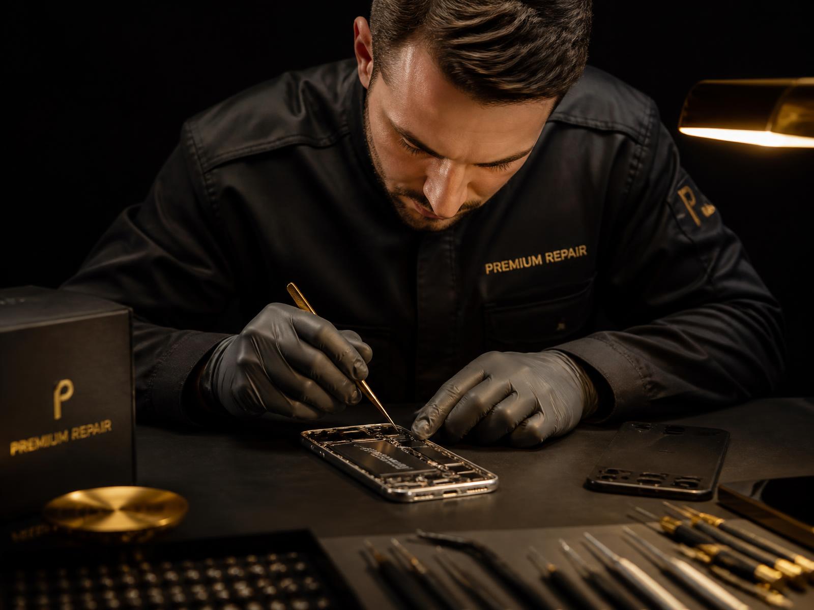 Técnico especializado realizando manutenção em um iPhone premium na TECHCEL